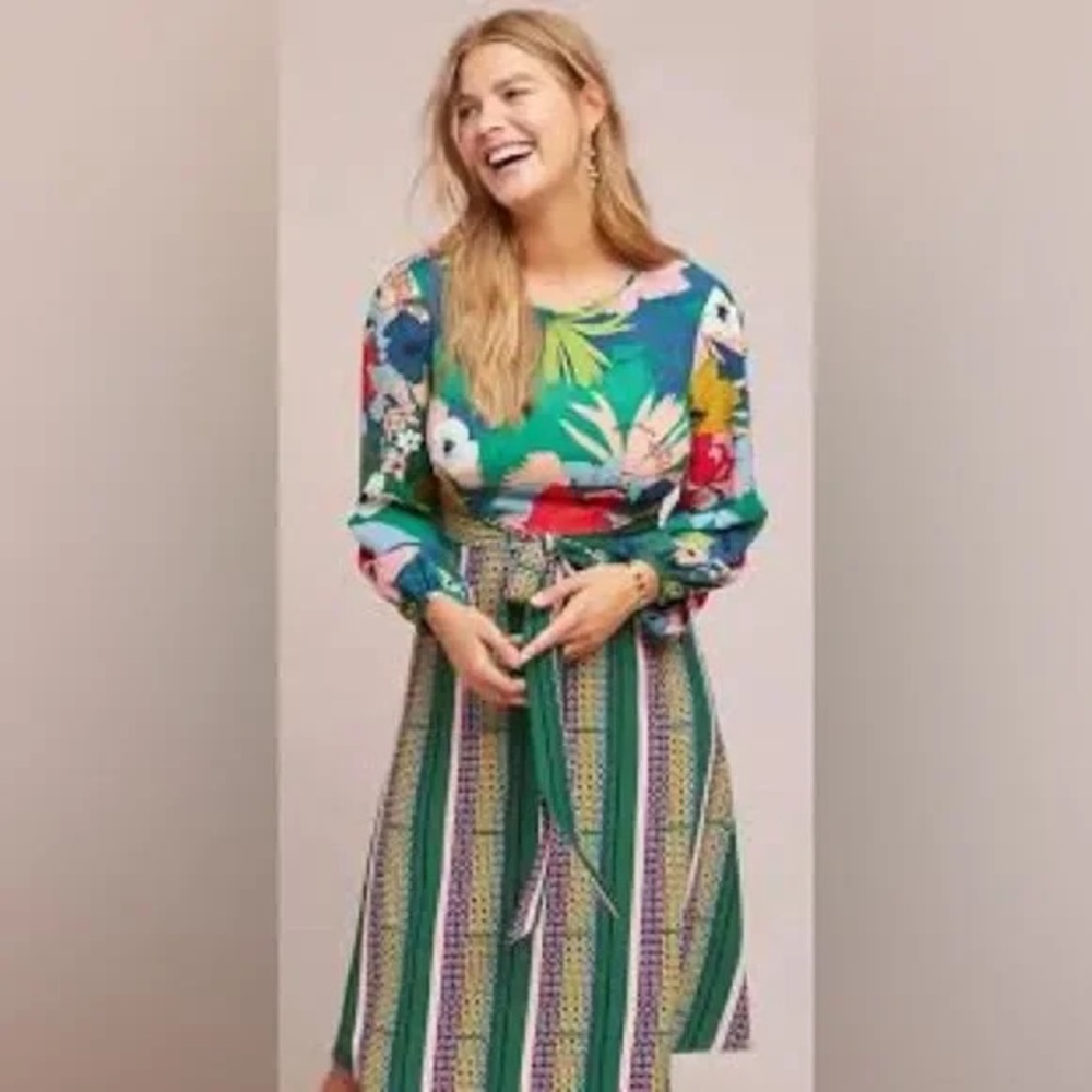 NWOT Anthropologie Green Floral Midi Dress - 6 Petite
